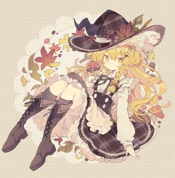 1girl acorn apron autumn_leaves blonde_hair bloomers boots bow braid brown_boots brown_hat brown_skirt brown_socks center_frills closed_mouth commentary_request fly_agaric frilled_apron frills full_body hair_bow hair_ornament hat hat_bow hat_ornament highres holding holding_mushroom kirisame_marisa knees_up lace-up_boots leaf leaf_hat_ornament long_hair long_sleeves looking_at_viewer mushroom neck_ribbon nikorashi-ka orange_bow petticoat plaid_clothes plaid_headwear plaid_skirt ribbon shirt single_braid skirt socks solo striped_clothes striped_socks suspenders touhou underwear vest white_apron white_shirt witch_hat x_hair_ornament yellow_eyes