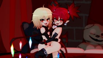 2girls 3d ass blonde_hair clothed_female_nude_female cowboy_shot crossover demon demon_girl demon_tail demon_wings detached_sleeves disgaea earrings etna_(disgaea) fangs flandre_scarlet flat_chest gs-mantis highres indoors jewelry loli looking_at_viewer multiple_girls naughty_face nipples nude open_mouth pointy_ears red_hair saliva saliva_trail shiny_skin skull tail tongue tongue_out touhou vampire wings yuri