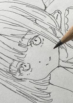 1girl absurdres art_tools_in_frame blunt_bangs close-up closed_mouth dot_nose highres looking_at_viewer monochrome original paper_texture pencil photo_(medium) poranka_(porankaran) short_hair sidelocks simple_background sketch smile solo white_background