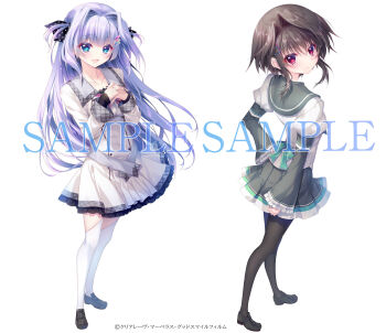 2girls 9-nine- :d back_bow belt black_bow black_hair black_pantyhose black_shoes black_skirt blue_eyes blunt_bangs blush bow breasts butterfly_hair_ornament buttons collarbone colored_eyelashes double-breasted dress eyelashes eyes_visible_through_hair floating_hair from_behind full_body green_bow grey_belt hair_between_eyes hair_bow hair_intakes hair_ornament hairclip hakusen_academy_school_uniform hand_on_own_hip hands_up happy highres izumi_tsubasu juliet_sleeves kousaka_haruka kuho_girls_academy_school_uniform large_breasts loafers long_hair long_sleeves looking_at_viewer looking_back multiple_girls official_art open_mouth own_hands_together pantyhose parted_lips pleated_skirt polka_dot polka_dot_bow puffy_sleeves purple_hair red_eyes sample_watermark school_uniform shirt shoes short_hair_with_long_locks sidelocks simple_background skirt sleeves_past_wrists smile standing straight_hair thighhighs two_side_up undershirt very_long_hair watermark white_background white_dress white_shirt white_thighhighs wide_sleeves yuuki_noa zettai_ryouiki