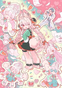 >_< 1boy 1girl ;d animal_ear_fluff animal_ear_piercing animal_ears animal_feet aqua_shirt blush braid bright_pupils carrot commentary_request damian_blackwood dress furry furry_female hand_on_own_hip heart highres long_hair multiple_views one_eye_closed open_mouth pink_fur pink_hair rabbit_ears rabbit_girl rabbit_tail red_eyes shiro_chan46 shirt skirt smile tail twin_braids very_long_hair zenless_zone_zero zhao_(zenless_zone_zero)