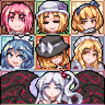 Rule 34 | 6+girls, alice margatroid, alice margatroid (pc-98), apron, black hat, blonde hair, blue eyes, blue hair, blue hairband, bow, dress, hair bobbles, hair bow, hair ornament, hairband, hat, hat bow, long hair, louise (touhou), mai (touhou), maid, maid headdress, multiple girls, multiple wings, mystic square, nukekip, pink eyes, pink hair, portrait, ribbon, sara (touhou), shinki (touhou), short hair, smile, touhou, touhou (pc-98), white ribbon, wings, yellow eyes, yuki (touhou), yumeko (touhou)