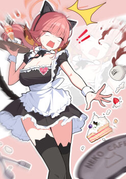 ! !! 1girl absurdres alternate_costume animal_ear_hairband animal_ear_legwear animal_ears apron aru_(blue_archive) badge black_dress black_ribbon black_thighhighs blue_archive breasts button_badge cake cake_slice cat_ear_hairband cat_ear_legwear cat_ears cat_tail choker cleavage coffee coffee_mug cup detached_sleeves dress dropping fake_animal_ears food fork frilled_apron frilled_choker frills fruit hairband halo highres holding holding_plate horns large_breasts long_hair maid maid_apron milkshake mug okkimon open_mouth orange_halo pink_hair plate ponytail ribbon solo spoon strawberry surprised tail thighhighs whipped_cream white_apron white_choker zettai_ryouiki