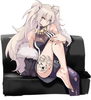 1girl absurdres animal_ear_piercing animal_ears arm_support bare_shoulders barefoot black_jacket black_nails black_shirt bokkusu breasts closed_mouth couch cropped_shirt fang foot_out_of_frame fur-trimmed_jacket fur_trim gold_necklace grey_eyes grey_hair hand_on_own_knee highres hololive jacket jewelry knee_up large_breasts leg_tattoo lion_ears lion_girl long_hair looking_at_viewer miniskirt nail_polish necklace on_couch pantyhose see-through_cleavage see-through_clothes shirt shishiro_botan shishiro_botan_(1st_costume) single_leg_pantyhose sitting skin_fang skirt sleeveless sleeveless_shirt sleeves_past_wrists smile solo tattoo toenail_polish toenails torn_clothes torn_pantyhose very_long_hair zipper_skirt