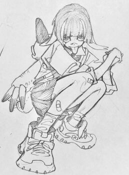 Rule 34 | 1girl, bandaid, gachiakuta, guita (gachiakuta), highres, looking at viewer, official art, sketch, solo, tongue, traditional media, urana kei