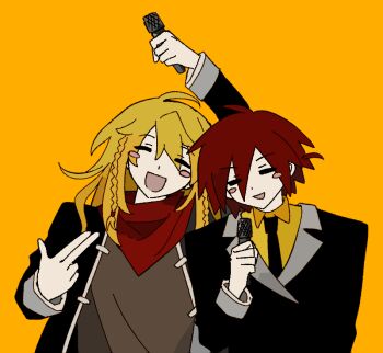 2boys :d ^_^ anonymous1203 black_jacket blonde_hair blush_stickers brown_shirt chinese_commentary closed_eyes commentary_request epic_battle_fantasy gun hair_between_eyes handgun happy holding holding_microphone jacket lance_(epic_battle_fantasy) male_focus matt_(epic_battle_fantasy) microphone multiple_boys neckerchief open_mouth red_neckerchief shirt short_hair simple_background smile weapon yellow_background