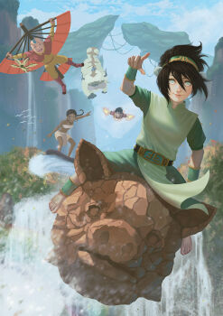 2girls 5boys aang armband avatar:_the_last_airbender avatar_legends back bald blind brown_eyes brown_hair earrings fire flying hairband happy hydrokinesis jewelry katara lips multiple_boys multiple_girls nature nickelodeon outdoors petals pyrokinesis sky smile sokka toph_beifong water white_eyes zuko