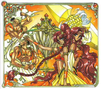 1990s_(style) 2boys 2girls absurdly_long_hair absurdres arabian_clothes arm_up armlet armpits bare_legs bracelet braid braided_ponytail breasts brooch castle circlet clamp clamp_(style) cleavage closed_mouth collarbone dancer dark-skinned_female dark_skin detached_sleeves earrings female_focus genie high_ponytail highres hoop_earrings indian indian_clothes jewelry long_hair looking_at_viewer magic_knight_rayearth monster_boy multiple_boys multiple_girls muscular navel necklace non-web_source official_art pants parted_bangs ponytail rakoon_(rayearth) rasheen_(rayearth) red_hair retro_artstyle revealing_clothes scan shiny_skin siblings side_ponytail sisters smile smoke smug sparkle standing tan tarta_(rayearth) tatra_(rayearth) thigh_gap traditional_media twins very_long_hair wavy_hair white_pants white_sleeves wide_hips