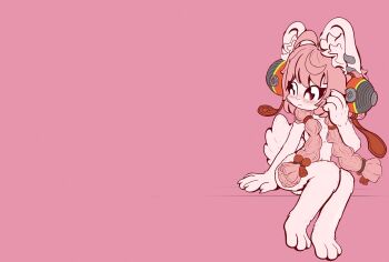 1girl animal_ears animal_feet braid closed_mouth commentary completely_nude cristalyzed_(cryzarts) furry furry_female hair_ornament highres long_hair nude pink_background pink_hair rabbit_ears rabbit_girl rabbit_tail red_eyes simple_background sitting solo sphere_hair_ornament tail twin_braids zenless_zone_zero zhao_(zenless_zone_zero)