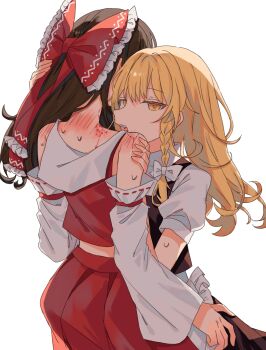 2girls absurdres amatukimahoro apron bare_shoulders bite_mark black_skirt black_vest blonde_hair blood bow braid brown_hair detached_sleeves fang frilled_bow frills hair_bow hakurei_reimu hand_on_another&#039;s_shoulder highres kirisame_marisa multiple_girls red_bow red_skirt scratches short_sleeves side_braid single_braid skirt skirt_set touhou vest waist_apron white_bow yellow_eyes yuri
