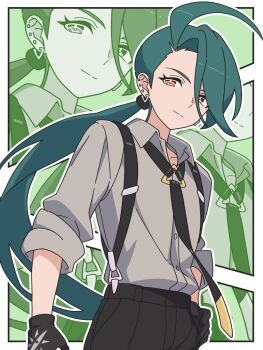 1girl ahoge black_gloves black_necktie black_pants bright_pupils closed_mouth collarbone collared_shirt commentary_request ear_piercing earrings gloves green_hair grey_shirt highres jewelry kanbei_(pixiv11037490) long_hair looking_at_viewer low_ponytail necktie nintendo pants piercing pokemon pokemon_sv ponytail red_eyes rika_(pokemon) shirt stud_earrings suspenders triangle_earrings white_pupils zoom_layer