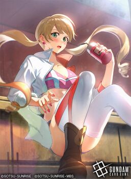1girl aqua_eyes blonde_hair breasts brown_shoes copyright_logo copyright_name copyright_notice cup curly_hair drinking_straw earrings from_below gundam gundam_tekketsu_no_orphans heart heart_earrings holding holding_cup jacket jewelry lafter_frankland logo long_hair low_twintails malo_(mlpmpmp) nail_polish official_art open_clothes open_jacket open_mouth pink_sports_bra red_nails shoes short_shorts shorts solo sports_bra teeth thighhighs towel towel_on_arm twintails upper_teeth_only white_jacket white_thighhighs
