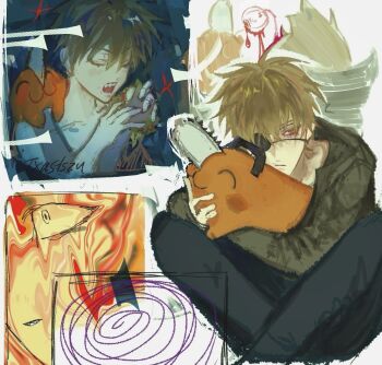 1boy animal blonde_hair blood burger chainsaw_man commentary denji_(chainsaw_man) eyeball eyepatch food highres holding holding_animal image_warping looking_to_the_side multiple_views pochita_(chainsaw_man) sharp_teeth swirl teeth txasttszu