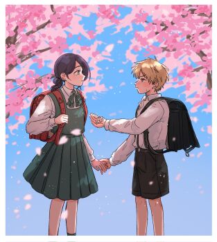 1boy 1girl aged_down alternate_universe backpack bag black_bag black_shoes blonde_hair blue_sky blush chainsaw_man cherry_blossoms child collared_shirt commentary_request denji_(chainsaw_man) dress falling_petals feet_out_of_frame flower furrowed_brow green_dress green_eyes green_ribbon hair_between_eyes hair_bun hetero highres holding holding_flower holding_hands looking_at_another medium_hair msdtbti_yo neck_ribbon official_alternate_costume parted_lips petals pinafore_dress pink_petals purple_hair red_bag red_eyes reze_(chainsaw_man) ribbon school_uniform shirt shirt_under_dress shoes short_hair sky sleeveless sleeveless_dress updo white_shirt