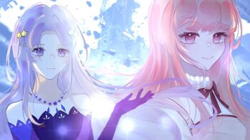 Rule 34 | 2girls, artist request, bare shoulders, bloom poetry (shining nikki), blunt bangs, bow, bowtie, chinese commentary, closed mouth, clothes writing, commentary request, debris, dot nose, dress, elbow gloves, expressionless, eyelashes, eyes visible through hair, floating hair, gloves, hair ornament, hand up, highres, jewelry, lens flare, light smile, lips, long hair, long sleeves, multiple girls, necklace, nikki (nikki), nikki (series), pinafore dress, pink dress, pink eyes, pink hair, pink lips, purple dress, purple eyes, purple gloves, purple hair, red bow, red bowtie, ruins, second-party source, shining nikki, shirt, sleeveless, sleeveless dress, star (symbol), star hair ornament, star necklace, star sea (nikki), strapless, strapless dress, turtleneck, turtleneck shirt, upper body, very long hair, white shirt