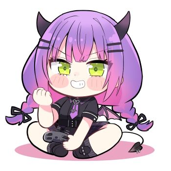 Rule 34 | 1girl, black shirt, black shoes, black shorts, black socks, blunt bangs, blush stickers, chibi, chibi only, clenched hand, commentary request, controller, demon girl, demon horns, demon tail, dot nose, full body, game controller, gradient hair, green eyes, grin, hair ornament, hairclip, hand up, holding, holding controller, holding game controller, hololive, horns, multicolored hair, nabe (nabe otome), parallel hairclips, pink hair, purple hair, shirt, shoes, short sleeves, shorts, sidelocks, simple background, sitting, smile, socks, solo, tail, tokoyami towa, two-tone hair, virtual youtuber, white background