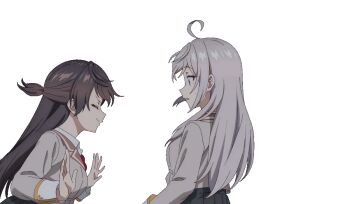 2girls against_glass ahoge alisa_mikhailovna_kujou animated animated_gif black_eyes black_hair black_skirt blazer blue_eyes blush bow bowtie breast_press breasts breasts_on_glass collared_shirt female_focus from_side grey_hair grey_jacket jacket large_breasts long_hair long_sleeves looking_at_another miniskirt multiple_girls pleated_skirt red_bow red_bowtie school_uniform seiren_academy_school_uniform sexually_suggestive shirt shirt_under_jacket shirt_under_vest simple_background skirt suou_yuki tokidoki_bosotto_roshia-go_de_dereru_tonari_no_alya-san white_background white_shirt