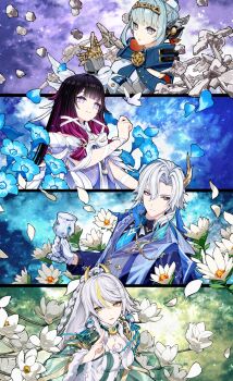 1boy 3girls absurdres black_hair blonde_hair blue_flower blue_hair braid cha_hanare china_dress chinese_clothes closed_mouth columbina_(genshin_impact) commentary dress english_commentary flower genshin_impact grey_hair hair_ornament highres ineffa_(genshin_impact) joints long_hair long_sleeves looking_at_viewer looking_up multiple_girls neuvillette_(genshin_impact) neuvillette_(melusent_gift)_(genshin_impact) parted_lips purple_eyes purple_hair robot_ears robot_girl robot_joints second-party_source smile white_dress white_flower wing_hair_ornament yellow_eyes zibai_(genshin_impact)