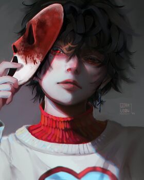 1boy aegyo_sal black_hair blood blood_stain cosplay cross cross_earrings earrings ghostface ghostface_(cosplay) hair_between_eyes head_tilt high_collar holding holding_mask jewelry looking_at_viewer male_focus mask messy_hair original parted_lips red_eyes short_hair sidelighting solo sweater upper_body white_sweater wormudon