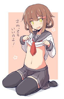 1girl :d anchor_symbol black_thighhighs blush border breasts brown_hair clothes_lift collarbone commentary_request fang full_body grey_sailor_collar grey_skirt hair_between_eyes hair_ornament hairclip ikazuchi_(kancolle) kantai_collection kugui_kiyunemu lifting_own_clothes long_sleeves medium_hair miniskirt navel neckerchief open_mouth orange_background pin pleated_skirt red_neckerchief sailor_collar seiza shadow shirt_lift sidelocks simple_background sitting skirt small_breasts smile solo star_(symbol) stomach thighhighs translation_request underboob white_border yellow_eyes