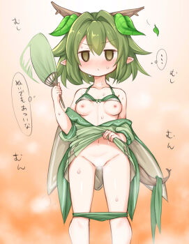1girl absurdres blush bra bra_lift breasts clothes_lift collarbone green_bra green_hair green_panties hand_fan highres kinomiki_nobori leaf navel nipples original panties pointy_ears small_breasts solo sweat underwear