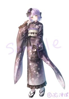 1girl bag black_bag black_bridal_gauntlets black_sandals bridal_gauntlets closed_mouth commentary_request floral_print floral_print_kimono full_body green_eyes hand_up handbag highres holding holding_bag japanese_clothes kimono long_sleeves looking_at_viewer official_art print_kimono sample_watermark sandals second-party_source shinomiya_runa short_hair simple_background socks solo standing tabi toosaka_asagi virtual_youtuber vspo! watermark white_background white_socks wide_sleeves