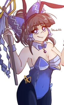 1girl absurdres animal_ears artist_name black_pantyhose blue_bow blue_bowtie blue_leotard bow bowtie breasts cleavage commentary covered_navel detached_collar english_commentary fake_animal_ears frilled_bow frilled_hair_tubes frills gohei hair_bow hair_tubes hakurei_reimu highres holding holding_gohei karebu52 leotard looking_at_viewer original pantyhose playboy_bunny rabbit_ears sarashi side-tie_leotard smile solo torashiro_beimu touhou