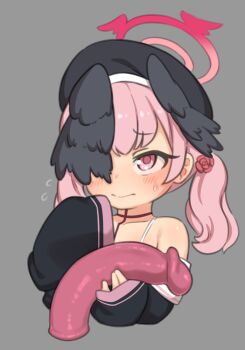 1girl bare_shoulders basukechi blue_archive dildo grey_background koharu_(blue_archive) loli long_sleeves one_eye_covered pink_eyes pink_hair sex_toy simple_background tagme