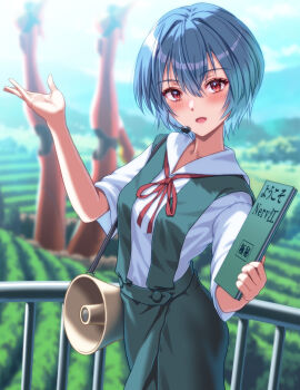 1girl :d absurdres ayanami_rei bad_tag blue_hair blue_sky blurry blurry_background blush book bow bowtie breasts cloud collared_shirt commentary cowboy_shot depth_of_field dress_shirt eva_02 eyelashes field foliage green_skirt hair_between_eyes hand_up headset helmet highres holding holding_book mecha medium_breasts megaphone microphone neck_ribbon neon_genesis_evangelion open_mouth partially_buried railing red_bow red_bowtie red_eyes red_ribbon ribbon robot sailor_collar school_uniform shirt short_hair short_sleeves skirt sky smile solo strap suspender_skirt suspenders talking tokyo-3_middle_school_uniform tour_guide translated upside-down w_arms white_sailor_collar white_shirt yahha