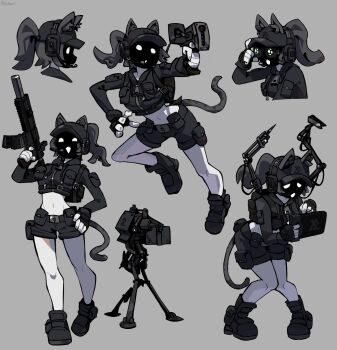 Rule 34 | 1girl, absurdres, animal ear fluff, animal ears, assault rifle, backpack, bag, belt, black boots, black hair, black hat, black jacket, black shorts, boots, cat ears, cat tail, colored skin, commentary, cropped jacket, ears through headwear, english commentary, goggles, grey background, gun, hat, headset, highres, holding, holding gun, holding weapon, jacket, mask, midriff, mr plagu3, navel, original, ponytail, pouch, rifle, short shorts, shorts, simple background, solo, tactical clothes, tail, weapon, white skin, zipper pull tab