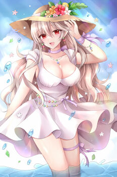 Rule 34 | 1girl, :d, alternate costume, arm up, blue sky, breasts, brown hair, brown hat, choker, cleavage, cloud, collarbone, commentary request, day, dress, female corrin (fire emblem), fire emblem, fire emblem fates, flower, hair between eyes, hat, hat flower, highres, kirishima riona, large breasts, long hair, looking at viewer, nintendo, open mouth, orange flower, outdoors, pleated dress, pointy ears, red eyes, red flower, ribbon choker, sky, smile, solo, very long hair, wading, water, water drop, white dress, white flower, yellow flower