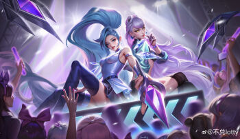 6+girls absurdres aqua_dress aqua_hair breasts bu_dui_lotty cropped_jacket demon_girl dress evelynn_(league_of_legends) floating_hair highres jacket k/da_(league_of_legends) k/da_all_out_evelynn k/da_all_out_seraphine_superstar league_of_legends long_hair multiple_girls open_clothes open_jacket ponytail seraphine_(league_of_legends) sitting very_long_hair white_hair yellow_eyes