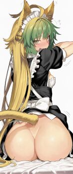 1girl absurdres ahoge animal_ears apron ass atalanta_(fate) black_dress blonde_hair blue_eyes breasts cat_ears cat_girl cat_tail commentary dress fate/apocrypha fate_(series) frilled_apron frills from_behind gradient_hair green_eyes green_hair highres kamisato_sora long_hair looking_at_viewer looking_back maid maid_headdress multicolored_hair no_panties short_sleeves sideboob simple_background sitting small_breasts solo tail untranslatable_commentary very_long_hair white_apron white_background