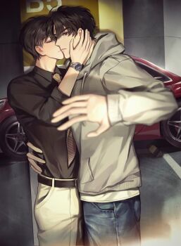 Rule 34 | 2boys, belt, black hair, black shirt, car, chinese commentary, chongc11223, closed eyes, collared shirt, commentary request, grey hoodie, hand on another's back, hand on another's face, hand up, hood, hood down, hoodie, kim dokja, kiss, male focus, motor vehicle, multiple boys, necktie, omniscient reader's viewpoint, parking garage, shirt, shirt tucked in, short hair, striped necktie, watch, wristwatch, yaoi, yoo joonghyuk