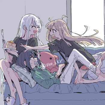 3girls ^_^ ahoge barefoot black_hair blonde_hair bracelet brown_eyes cho_kaguya-hime! closed_eyes colored_inner_hair commentary_request computer food fushi_(cho_kaguya-hime!) jewelry kaguya_(cho_kaguya-hime!) laptop long_hair long_sleeves medium_hair multicolored_hair multiple_girls nail_polish open_mouth pancake panties pants pillow pink_hair pink_shorts purple_nails ree_(re-19) runami_yachiyo sakayori_iroha shorts slippers underwear very_long_hair white_hair white_pants
