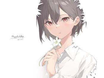 1girl bang_dream! bang_dream!_it&#039;s_mygo!!!!! brown_eyes collared_shirt commentary dated dress_shirt english_commentary flower grey_hair hair_between_eyes happy_birthday highres holding holding_flower kanade_(kanade_3344) long_sleeves parted_lips shirt short_hair simple_background solo takamatsu_tomori white_background white_shirt