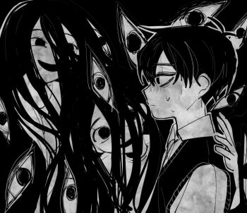 1boy 2girls :d antenna_hair black_background brother_and_sister clone collared_shirt commentary_request double-parted_bangs empty_eyes extra_eyes from_side greyscale hair_between_eyes hand_on_another&#039;s_back high_contrast korean_commentary long_hair looking_ahead looking_at_another mari_(faraway)_(omori) mari_(omori) monochrome multiple_girls no_pupils omori open_mouth outline profile shirt short_hair siblings simple_background smile something_(omori) spoilers sunny_(omori) sweat sweater_vest turn_pale upper_body very_long_hair very_short_hair yougotnacho