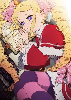 1girl absurdres beatrice_(re:zero) blonde_hair book commentary_request hair_ribbon highres long_hair lying pantyhose re:zero_kara_hajimeru_isekai_seikatsu ribbon solo tamakiwachi tearing_up tears