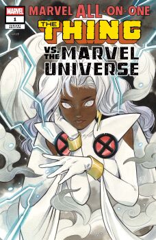 1girl absurdres bodysuit cape clothing_cutout cloud comic_cover company_name copyright_logo copyright_name curly_hair dark-skinned_female dark_skin earrings electricity electrokinesis english_text gloves grey_eyes hand_on_own_cheek hand_on_own_face highres jewelry lightning_bolt_earrings lightning_bolt_symbol logo long_hair looking_at_viewer marvel official_art peach_momoko shoulder_cutout storm_(x-men) upper_body very_dark_skin white_bodysuit white_cape white_gloves white_hair white_theme x-men