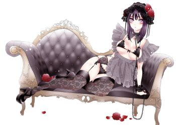 1girl absurdres black_bonnet black_hairband black_shoes black_wrist_cuffs blush bonnet breasts chain chain_leash cleavage cosplay couch cuffs floral_print floral_print_thighhighs flower frilled_bonnet frilled_cuffs frills fukuda_shinichi garter_straps hairband high_heels highres kitagawa_marin kuroe_shizuku kuroe_shizuku_(cosplay) leash lingerie looking_at_viewer maid medium_breasts medium_hair official_art on_couch petals purple_eyes purple_hair red_flower red_rose rose shoes simple_background sitting solo sono_bisque_doll_wa_koi_wo_suru third-party_source unconventional_maid underwear white_background wrist_cuffs