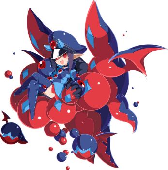 1girl black_choker black_hair blue_hat blush_stickers bright_pupils choker crossed_legs desco_(disgaea) disgaea disgaea_rpg full_body gloves harada_takehito hat highres horns long_pointy_ears non-web_source official_art open_mouth peaked_cap photoshop_(medium) pointy_ears popped_collar red_eyes short_hair sitting slit_pupils solo transparent_background