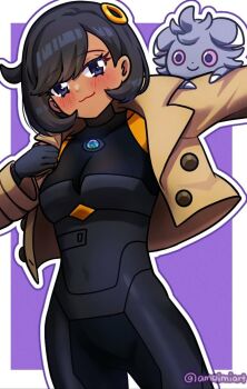 1girl :3 amaimi black_hair blush bodysuit breasts cropped_jacket dark-skinned_female dark_skin emma_(pokemon) espurr gen_6_pokemon gloves jacket large_breasts nintendo pokemon pokemon_legends:_z-a purple_eyes short_hair