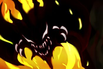 Rule 34 | byneet, carapace, close-up, destoroyah, devilman, devilman crybaby, fiery background, fire, godzilla (series), godzilla vs. destoroyah, highres, horns, kaiju, light particles, looking at viewer, open mouth, sharp teeth, silhouette, single horn, smoke, spikes, teeth, toho, tusks, white eyes