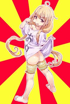 10s 1girl animated animated_gif ass barefoot blonde_hair butt_crack clothes_pull epilepsy_warning feet female_focus futaba_anzu highres honzawa_yuuichirou idolmaster idolmaster_cinderella_girls loli long_hair looking_at_viewer mooning red_eyes shirt shorts shorts_pull solo standing t-shirt tongue tongue_out twintails