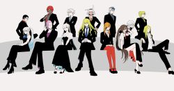 Rule 34 | 5girls, 6+boys, adjusting clothes, adjusting necktie, akuta hinako, anastasia (fate), animal ears, arm rest, ashwatthama (fate), bare shoulders, beryl gut, black-framed eyewear, black dress, black eyes, black footwear, black hair, black hairband, black jacket, black pants, black suit, blonde hair, blue eyes, blue hair, blue necktie, braid, breasts, brown eyes, brown hair, caenis (fate), cigarette, cleavage, closed mouth, cropped jacket, crossed arms, crossed legs, dark-skinned female, dark-skinned male, dark skin, daybit sem void, dress, earrings, eyepatch, facial hair, fate/grand order, fate (series), formal, full body, fur shawl, glasses, gloves, goatee stubble, gold hairband, gradient hair, green eyes, grey background, grey shirt, hair between eyes, hair intakes, hair over one eye, hair slicked back, hairband, halterneck, hand in pocket, hand on own hip, hand up, hands on lap, high heels, highres, horse ears, interlocked fingers, jacket, jewelry, kadoc zemlupus, kirschtaria wodime, knee up, leaning forward, long hair, long sleeves, looking ahead, looking at viewer, morgan le fay (fate), mouth hold, multicolored hair, multiple boys, multiple girls, naka (sm6130), navel, neck ribbon, necktie, no socks, official alternate costume, official art, ophelia phamrsolone, orange eyes, orange hair, own hands together, pants, pantyhose, parted lips, partially unbuttoned, ponytail, prince of lan ling (fate), pumps, purple hair, purple necktie, purple shirt, red eyes, red hair, red necktie, red pantyhose, red ribbon, ribbon, scandinavia peperoncino, serious, shawl, shirt, shoes, short hair, short sleeves, side slit, simple background, sitting, sleeveless, sleeveless dress, smile, spiked hair, standing, strapless, strapless dress, stubble, suit, surtr (fate), tezcatlipoca (fate), twintails, two-tone hair, white gloves, white hair, white jacket, white shawl, white shirt, yellow necktie