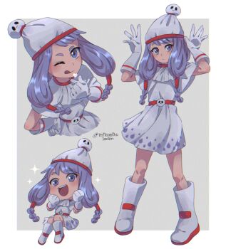 1girl ariamikukanzaki blue_eyes blue_hair boots borrowed_character braid chibi commentary dress elbow_gloves english_commentary gloves hair_tubes hand_on_own_hip hat heart knee_boots low_twin_braids one_eye_closed original short_dress signature sparkle teruterubouzu tongue tongue_out twin_braids white_boots white_dress white_gloves white_hat