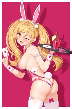 1girl :d ;d absurdres ace_(playing_card) ace_of_hearts animal_ears ass ass_cutout azur_lane back backless_leotard bare_shoulders blonde_hair blush breasts butt_crack card clothing_cutout cocktail earrings fake_animal_ears from_behind hands_up heart heart_earrings highres holding holding_tray jewelry leonardo_da_vinci_(azur_lane) leotard long_hair looking_at_viewer looking_back medium_breasts nights_viper one_eye_closed open_mouth orange_eyes pink_background pink_leotard playing_card rabbit_ears rabbit_tail sideboob simple_background skindentation smile solo standing tail thighhighs thighs tray twintails very_long_hair yellow_eyes