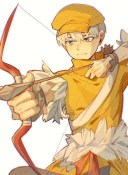0a_9_(pixiv82791714) 1boy aiming arrow_(projectile) blue_eyes bow_(weapon) chromatic_aberration closed_mouth dr._stone drawing_bow fur_trim hat holding holding_arrow holding_bow_(weapon) holding_weapon male_focus pants quiver saionji_ukyou shirt short_hair short_sleeves simple_background solo weapon white_background white_hair yellow_shirt