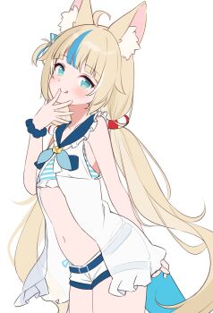 ahoge animal_ear_fluff animal_ears blonde_hair blue_eyes blue_hair blue_sailor_collar cat_ears cat_girl closed_mouth commentary fins fish_tail highres hitsukuya indie_virtual_youtuber long_hair looking_at_viewer multicolored_hair sailor_collar sameko_saba scrunchie shark_tail shirt short_shorts shorts smile standing streaked_hair symbol-only_commentary tail tongue tongue_out twintails virtual_youtuber white_shirt white_shorts wrist_scrunchie
