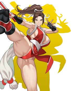 1girl arm_guards armpits bare_shoulders breasts brown_eyes brown_hair cleavage commentary_request drop_shadow fatal_fury fingerless_gloves folded_fan folding_fan gloves grin hand_fan high_ponytail highres holding holding_fan japanese_clothes kicking large_breasts leg_up long_hair looking_at_viewer ninja parted_bangs pelvic_curtain ponytail revealing_clothes ribbon rope shiranui_mai sideboob smile socks solo standing standing_on_one_leg tabi the_king_of_fighters thick_thighs thighs toned toned_female tsu.toxine